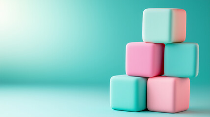 Obraz premium Soft pastel cubes stacked in minimalist arrangement with smooth rounded edges, set against clean turquoise background creating calm and modern feel