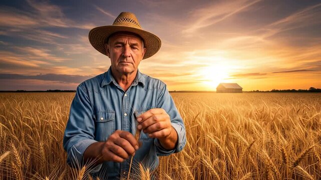 An elderly farmer in straw hat and denim gently touches ripe wheat stalks in a sunlit field. Perfect for agriculture, organic food, and farming commercials.