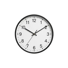 A simple analog wall clock with a white face, black numbers, and black hands, isolated on a transparent background, showing the time