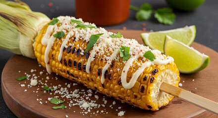 Grilled Mexican street corn with cotija cheese, creamy sauce, and lime wedges - delicious!