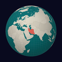Islamic Republic of Iran on the map. Globe centered to Iran. Country location on the world map. Teal Pale Mint color palette. Globe with countries, meridians and parallels. Modern vector illustration.
