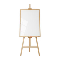 A blank whiteboard on a wooden easel, isolated on a transparent background, ready for writing or drawing