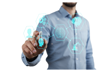 Man in blue shirt interacting with futuristic holographic interface displaying icons of people and gears isolated on transparent background