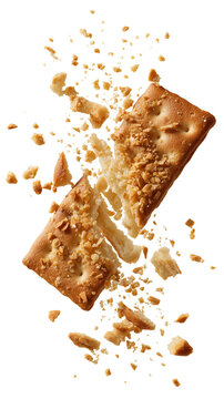 Cracker breaking mid-air with flying crumbs, cracker mid-break isolated in snack motion, cracker frozen break effect with rough texture, Isolated on transparent background. PNG die-cut for advertising