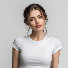 Fototapeta premium The clean white t-shirt on a Caucasian woman against a bright background provides a versatile base for print-on-demand and branding.