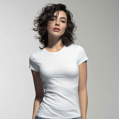Obraz premium The clean white t-shirt on a Caucasian woman against a bright background provides a versatile base for print-on-demand and branding.