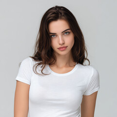 Fototapeta premium The clean white t-shirt on a Caucasian woman against a bright background provides a versatile base for print-on-demand and branding.