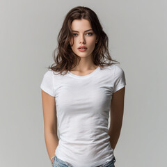 Obraz premium The clean white t-shirt on a Caucasian woman against a bright background provides a versatile base for print-on-demand and branding.