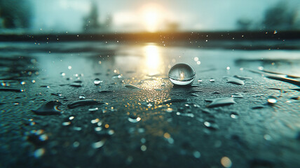 Water droplet on wet surface with sunlight reflection creating calm and serene atmosphere in outdoor setting during early morning or evening light