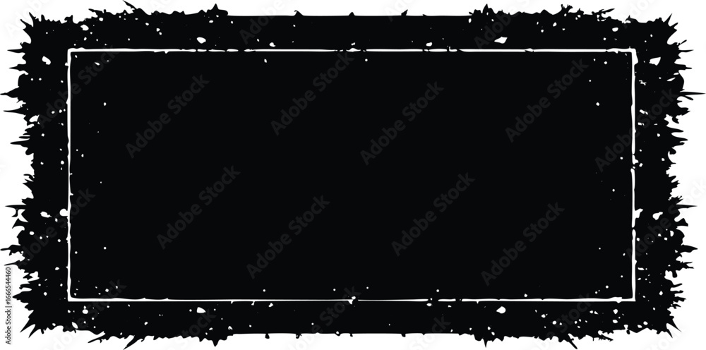 Poster a black rectangle with a distressed grunge border and splatter effect, isolated on a white backgroun