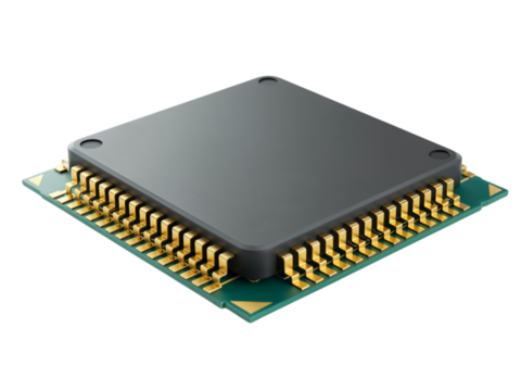 Close up of a modern computer processor chip with many gold pins on a green circuit board isolated on transparent background