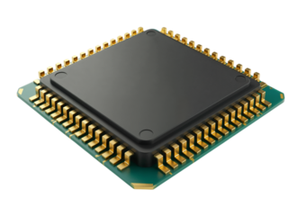 Close up of a modern computer processor chip with many golden pins isolated on transparent background