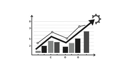 Monochrome bar and line chart with growth arrow and gear symbol