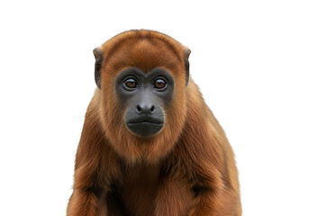 Close-up portrait of a captivating howler monkey, showcasing its rich brown fur and dark facial features against a striking black background.