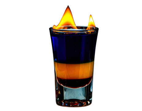 A vibrant shot of a layered drink with flames dancing atop, showcasing distinct colors and a striking visual effect.