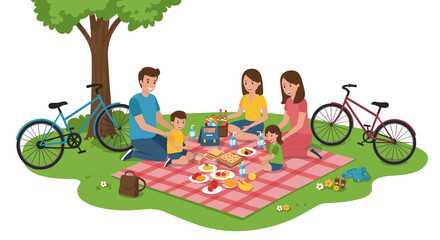 Naklejka premium Family picnic in the park with bicycles and lush trees on a sunny day