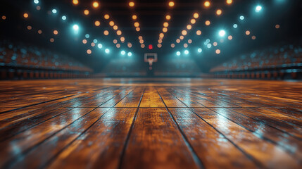 Basketball court with glowing lights, cinematic wooden floor close-up, empty NBA arena atmosphere, sports background, dramatic warm tones, neutral copy space