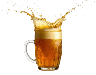 A frothy mug of beer with splashes of liquid creating dynamic movement and energy.