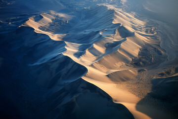 Layered sand dunes create a unique landscape during golden hour in a remote desert region