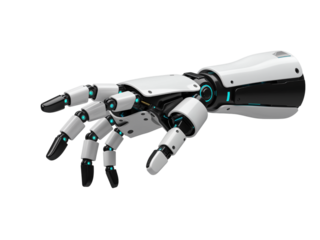 Advanced futuristic robotic prosthetic hand with intricate mechanical details and glowing green accents isolated on transparent background