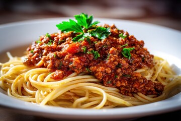 Spaghetti Bolognese with tomato sauce, ground beef, basil and parmesan on a white plate. Light gray tablecloth. Food magazine style, clean simple design. Traditional Italian dish. Classic pasta.
