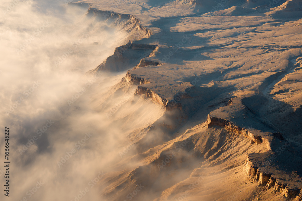 Aufkleber misty sand cliffs with dramatic formations and low lying fog creating an ethereal atmosphere near th
