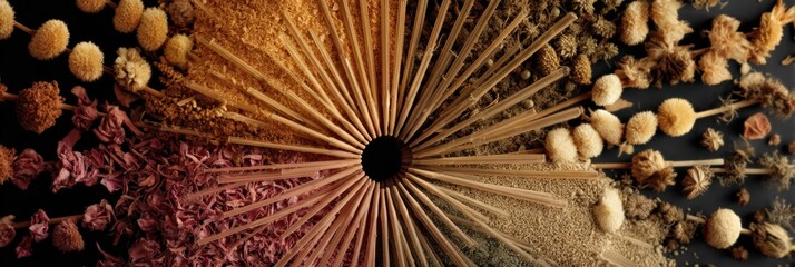 Artistic arrangement of dried flowers and plant materials creating a natural mandala design