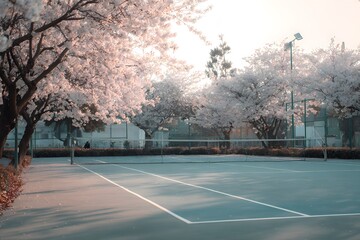 Empty tennis court shaded by soft pink cherry blossoms in full bloom, creating a peaceful springtime sports scene.
