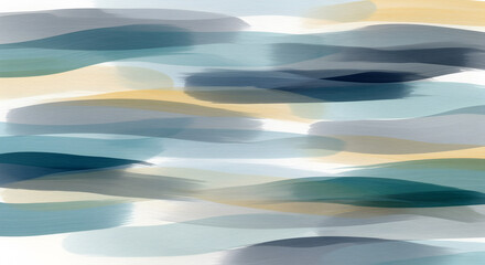 Abstract Watercolor Brushstroke Pattern in Muted Blues, Teals, Grays, and Ochre. Overlapping Horizontal Strokes on White Background for Modern Design.