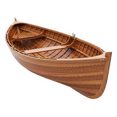A beautifully crafted wooden rowboat, isolated on a transparent background, showcasing traditional craftsmanship and maritime design