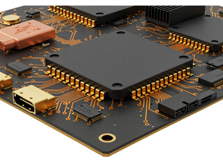 Close up view of a complex computer motherboard circuit board with intricate electronic components and golden pins isolated on transparent background