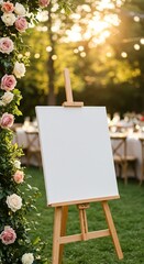 Easel with blank canvas surrounded by roses on a grassy lawn, perfect for outdoor painting or displaying information at an event