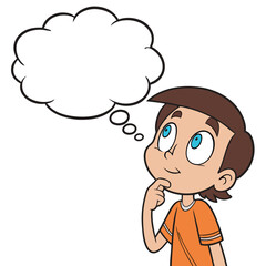 Obraz premium Cartoon of a brown‑haired boy in an orange short‑sleeved shirt with striped sleeves, looking upward with a thoughtful expression, right hand on chin, with an empty thought bubble above his head.