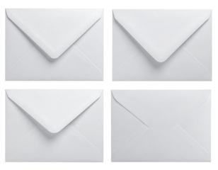 Four white envelopes with pointed flaps arranged in a square layout.