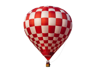 A vibrant red and white checkered hot air balloon soars against a stark black background.