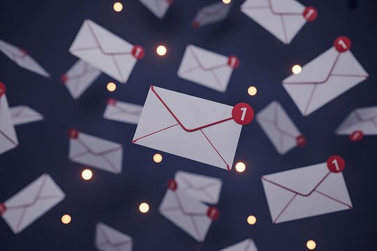 Floating email envelopes with notification badges, representing one new message, ideal for marketing visuals - Powered by Adobe