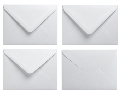 Four white envelopes with pointed flaps arranged in a square layout.