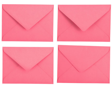 Four pink envelopes arranged in a grid pattern, featuring triangular flaps.