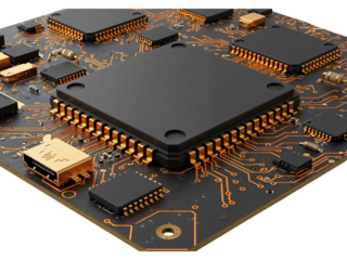 Close up view of a complex computer processor chip with many golden pins on a circuit board isolated on transparent background