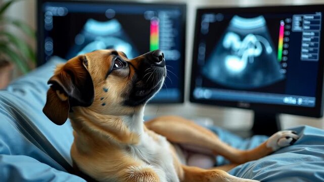Dog ultrasound, Canine pregnancy, Fetal heartbeat. Animal healthcare. Canine gestational monitoring ultrasound helps. Fetal development tracked with detailed scan. Animal healthcare requires expert