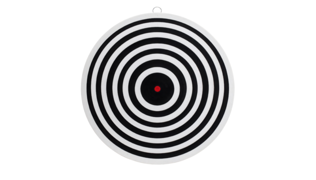 A circular target design with alternating black and white concentric rings, featuring a small red dot at the center. - Powered by Adobe