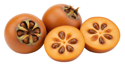 Medlar fruit still life, common medlar, cut medlar, fresh medlar, healthy medlar, orange medlar on transparent background