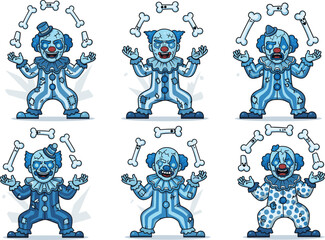 Cartoon zombie clown character set, scary undead circus performer with bones, creepy horror expressions, spooky carnival monster vector illustration, Halloween theme