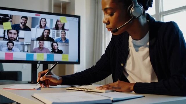 Remote Team Collaboration During Video Conference with Sticky Notes on Wall and Laptop Setup in Modern Workspace