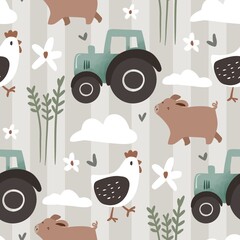 Cotton fabric Seamless pattern with cute farm animals pig chicken and tractor for kids fabric countryside nursery barnyard farmhouse rustic playful design whimsical farmyard animals wallpaper