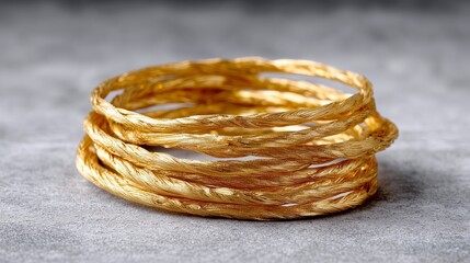 Golden twisted bangle bracelet displayed on a gray stone surface