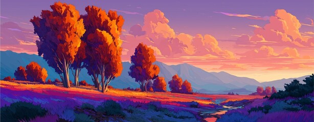 A serene sunset landscape featuring vibrant trees and a river, blending colors of purple, orange, and blue to create a tranquil, picturesque scene in nature.