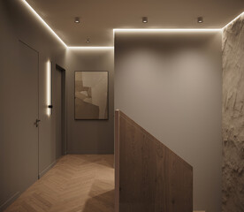Visualization of a dark modern interior of hall, antechamber, 3d rendering, cg 