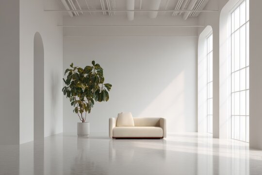 Bright, minimalistic interior with white walls, glossy floor, plant, and modern couch