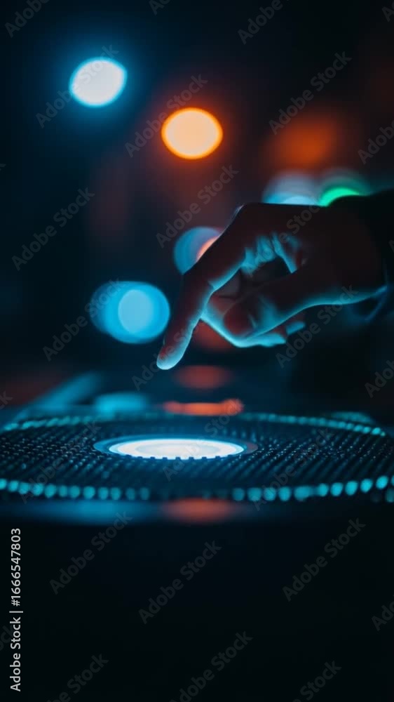 Poster vertical video of a hand gently touches a glowing, circular control panel with bokeh lights in the b